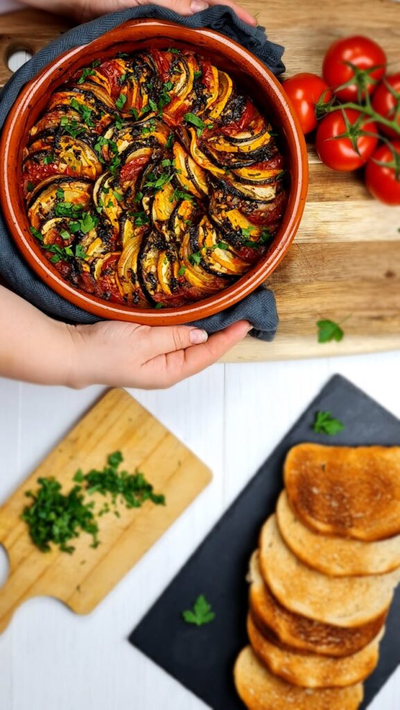 overhead shot of ratatouille in a brown bowl