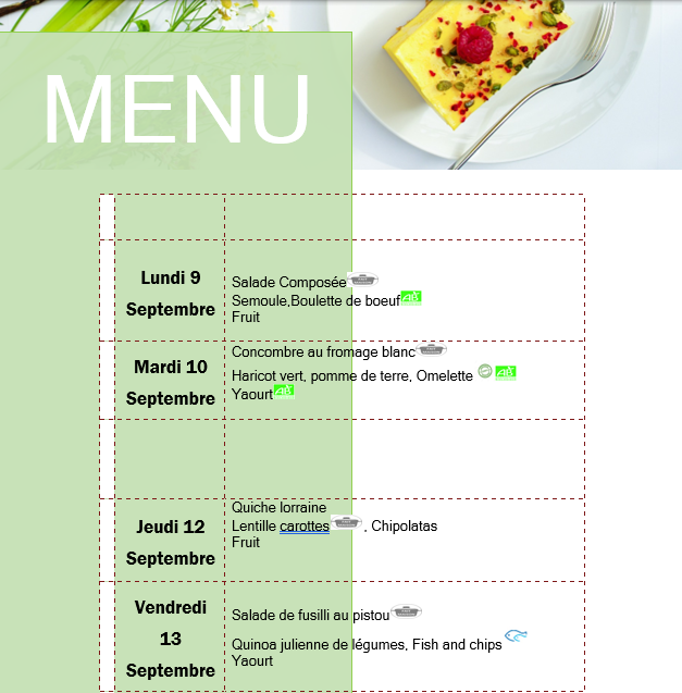 Menus de la cantine scolaire du 9 au 13 septembre 2024