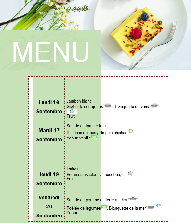 Menus de la cantine scolaire du 16 au 20 septembre