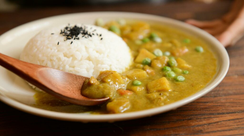 cooked rice and curry food served on white plate